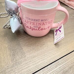 Pink Caffeinated and Fabulous Mug with Silver Bow Key Charm